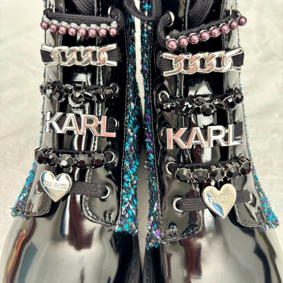 KARL LAGERFELD Mela Black and Blue Tweed Embellished Combat Boots--NWT--7 - Picture 7 of 16